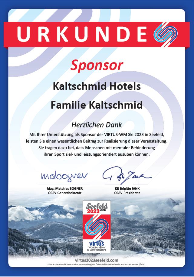 Kaltschmid Hotels - Sponsoren-Urkunde Virtus